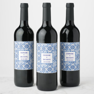 Portuguese Tiles Blue Mediterranean Wedding Wine Label