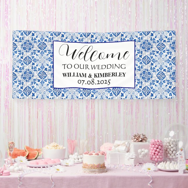 Portuguese Tiles Blue Rustic Elegant Wedding Banner (Party)
