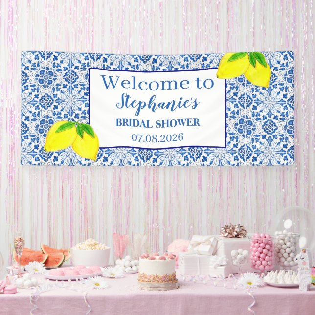 Portuguese Tiles Blue Rustic Lemons Bridal Shower Banner (Party)