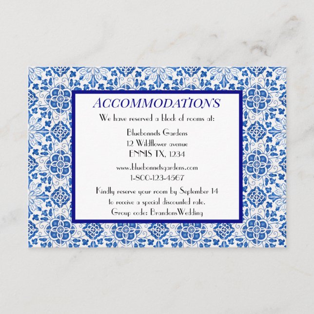 Portuguese tiles Blue Wedding Accommodations Enclosure Card (Front)