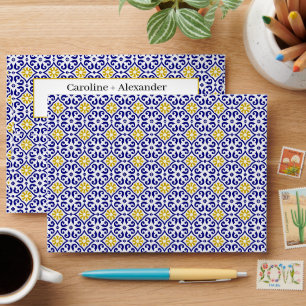Portuguese tiles Blue Wedding Return Address Envelope