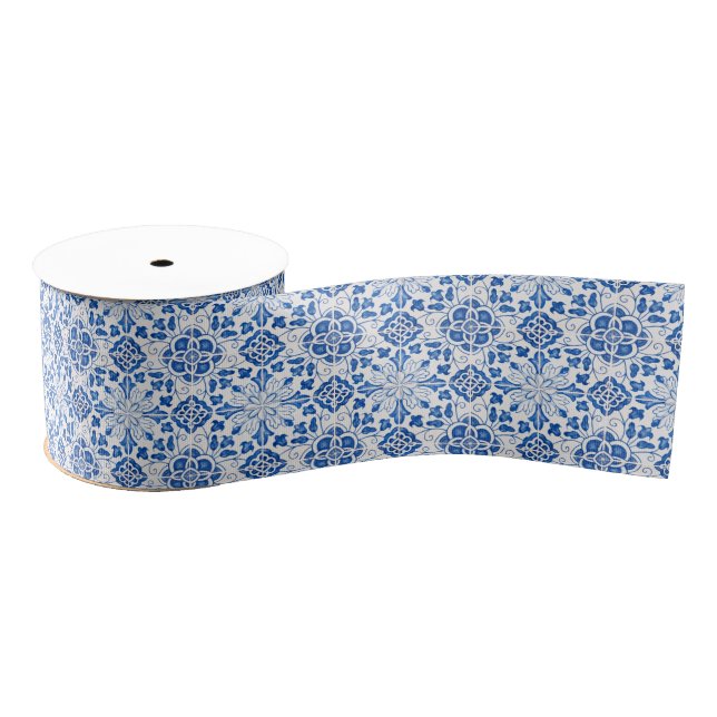 Portuguese tiles Blue White Mediterranean  Grosgrain Ribbon (Spool)