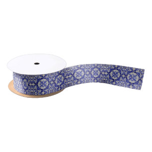 Portuguese tiles Blue White Mediterranean  Satin Ribbon
