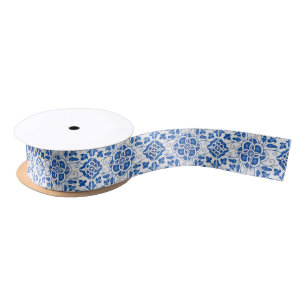Portuguese tiles Blue White Mediterranean Satin Ribbon