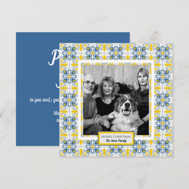 Portuguese tiles family photo frame Christmas card (Front/Back)