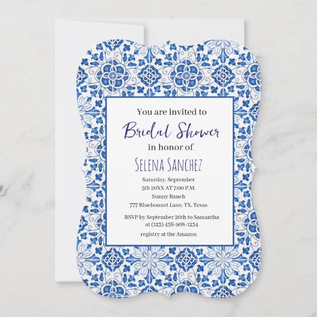 Portuguese tiles Floral Blue Bridal Shower  Invitation (Front)