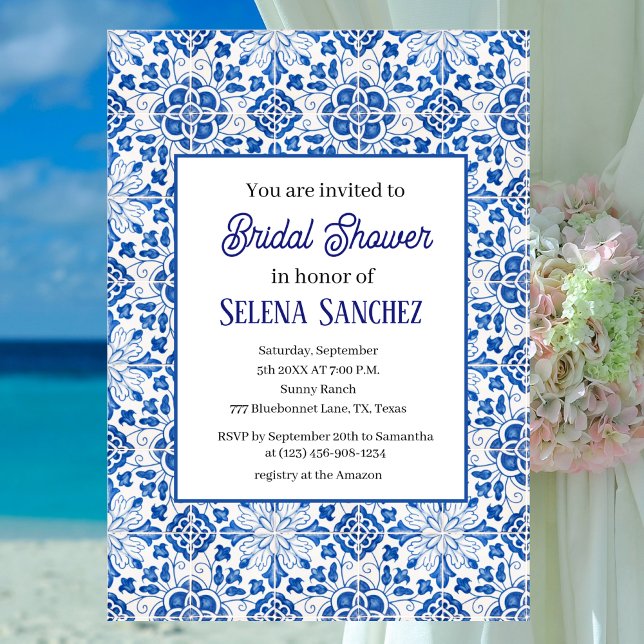 Portuguese tiles Floral Watercolor Bridal Shower  Invitation (Creator Uploaded)