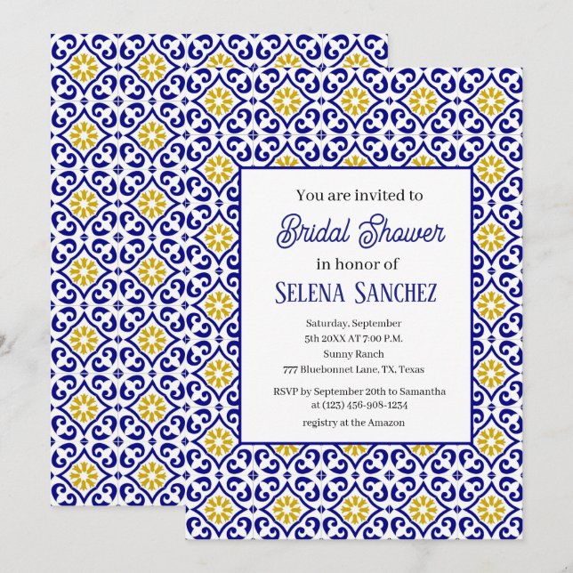 Portuguese tiles Floral Watercolor Bridal Shower  Invitation (Front/Back)