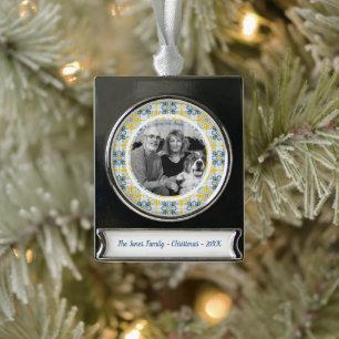 Portuguese tiles in blue and yellow for Christmas Silver Plated Banner Ornament