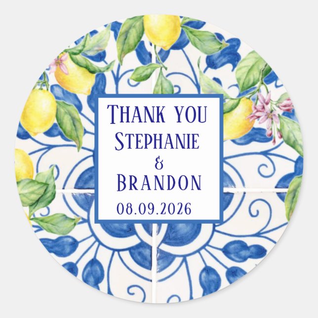 Portuguese Tiles Lemons Mediterranean Wedding Classic Round Sticker (Front)