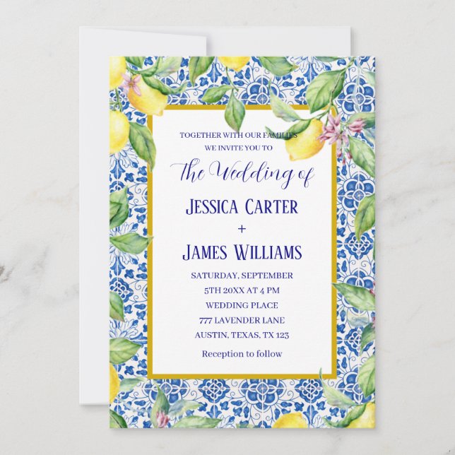 Portuguese Tiles Lemons Mediterranean Wedding Invitation (Front)