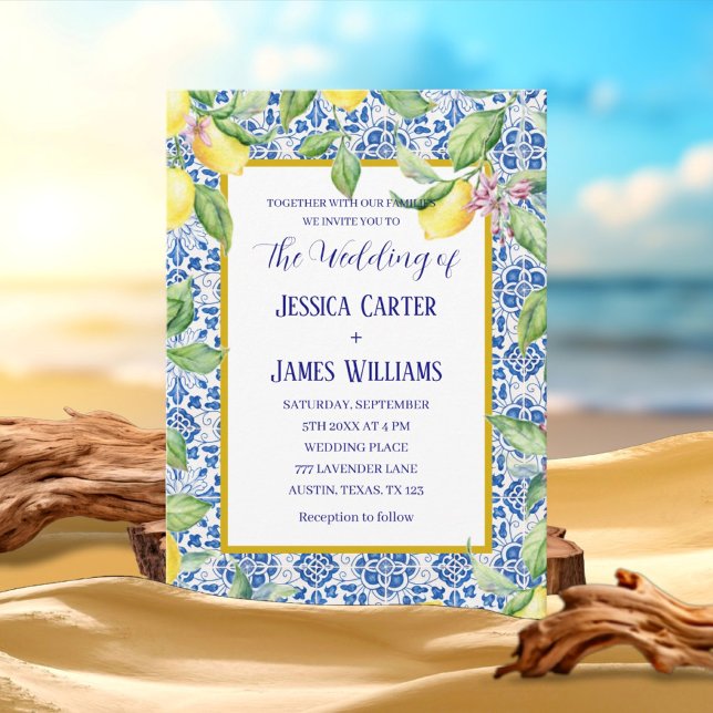 Portuguese Tiles Lemons Mediterranean Wedding Invitation (Creator Uploaded)