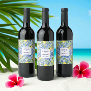 Portuguese Tiles Lemons Mediterranean Wedding Wine Label