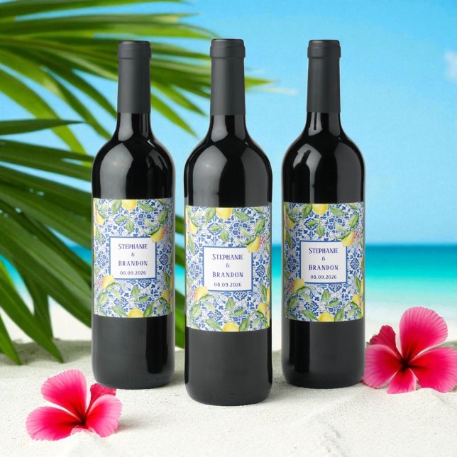 Portuguese Tiles Lemons Mediterranean Wedding Wine Label (Creator Uploaded)