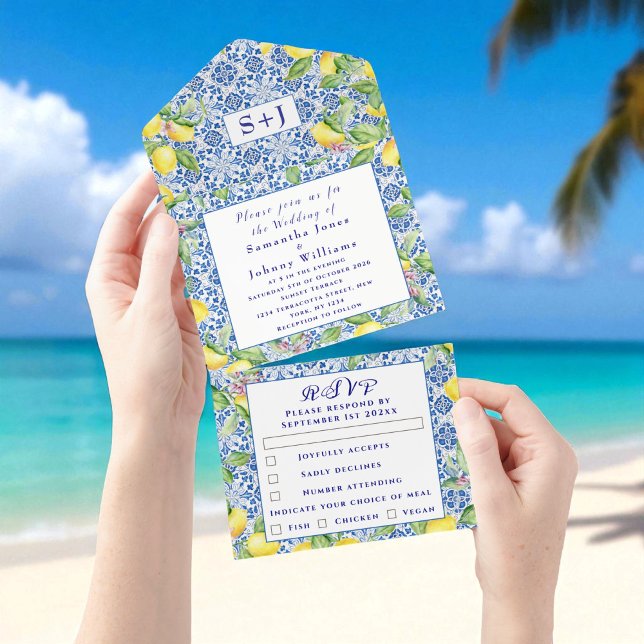 Portuguese Tiles Lemons Rustic Initials Wedding  All In One Invitation (Creator Uploaded)