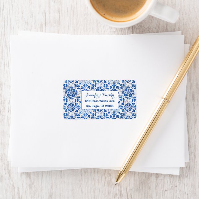 Portuguese Tiles Mediterranean Blue Wedding Label (Insitu)