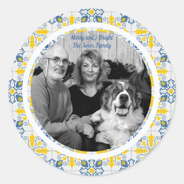 Portuguese Tiles Photo frame for family Christmas Classic Round Sticker (Front)