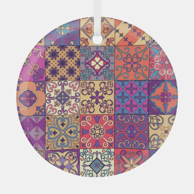 Portuguese Tiles Talavera Style Pattern Glass Tree Decoration (Front)
