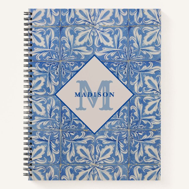 Portuguese Tiles Vintage Blue White Monogram Notebook (Front)