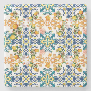 Portuguese vintage tiles kiwi and lemon pattern stone coaster