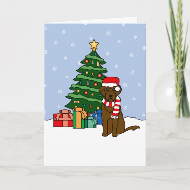 Portuguese Water Dog and Christmas Tree Holiday Card (Front)