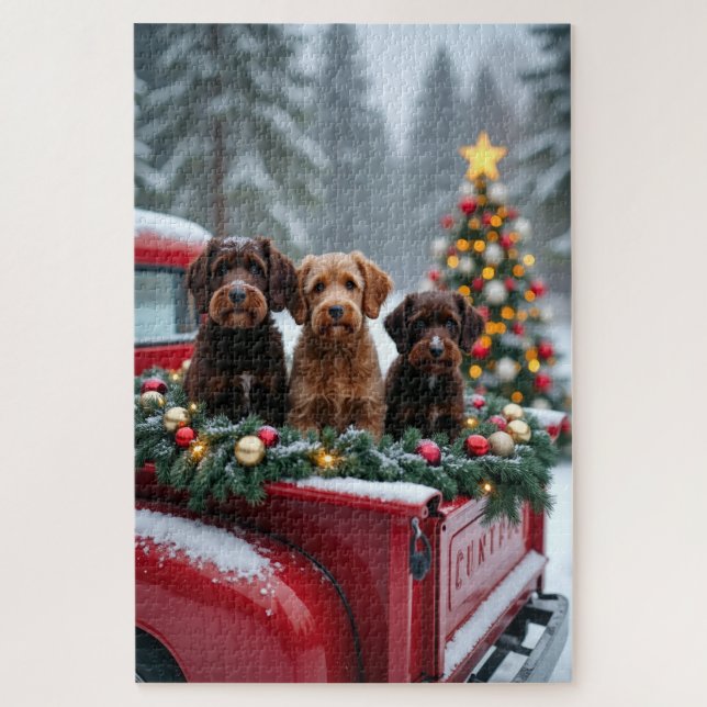 Portuguese Water Dog Christmas Red Truck Holiday Jigsaw Puzzle (Vertical)
