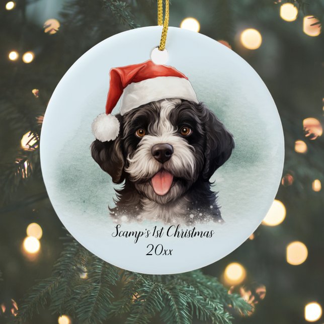 Portuguese Water Dog First Christmas Personalised Ceramic Tree Decoration (Personalize with Dog Name and Year, other text, or delete if not required)
