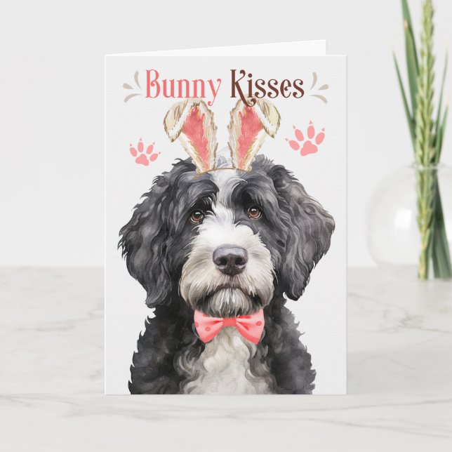 Portuguese Water Dog in Bunny Ears for Easter Holiday Card (Front)