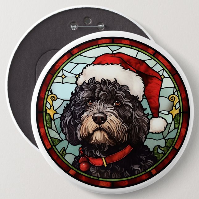 Portuguese Water Dog Stained Glass Christmas 6 Cm Round Badge (Front & Back)