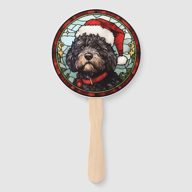 Portuguese Water Dog Stained Glass Christmas Hand Fan (Front)