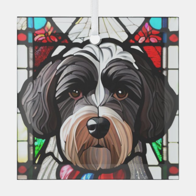 Portuguese Water Dog "Stained Glass"  Glass Tree Decoration (Front)