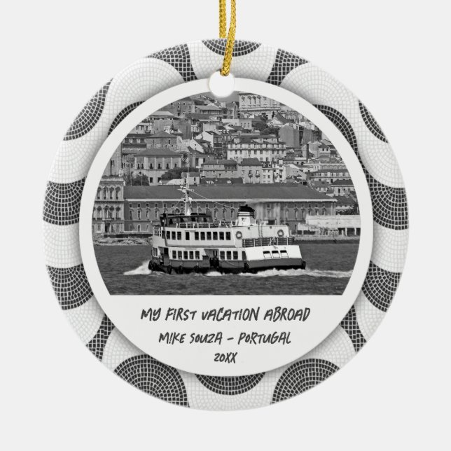 Portuguese waves cobblestone First Vacation   Ceramic Tree Decoration (Front)