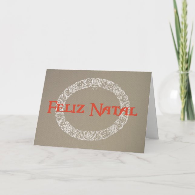 Portuguese White Christmas Wreath Red on Burlap Holiday Card (Front)