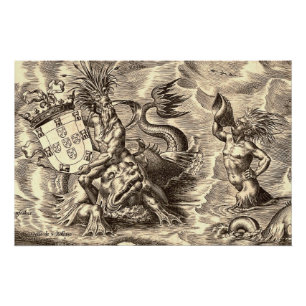Poseidon and Dolphin Antique World Map Poster