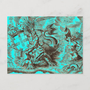 Poseidon and Dolphin World Map Postcard