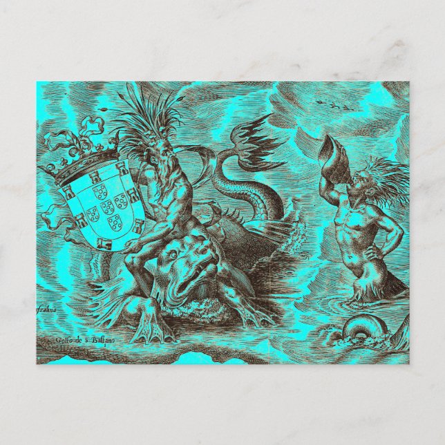 Poseidon and Dolphin World Map Postcard (Front)