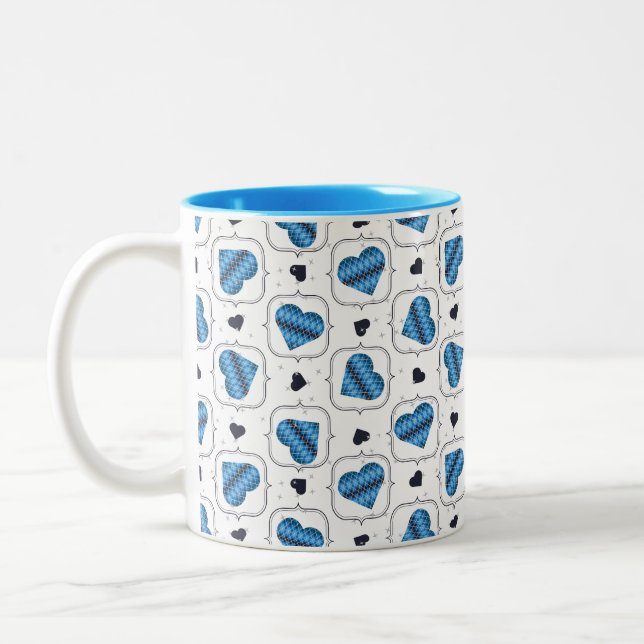 Posh Argyle Dark Blue Hearts Two-Tone Coffee Mug (Left)