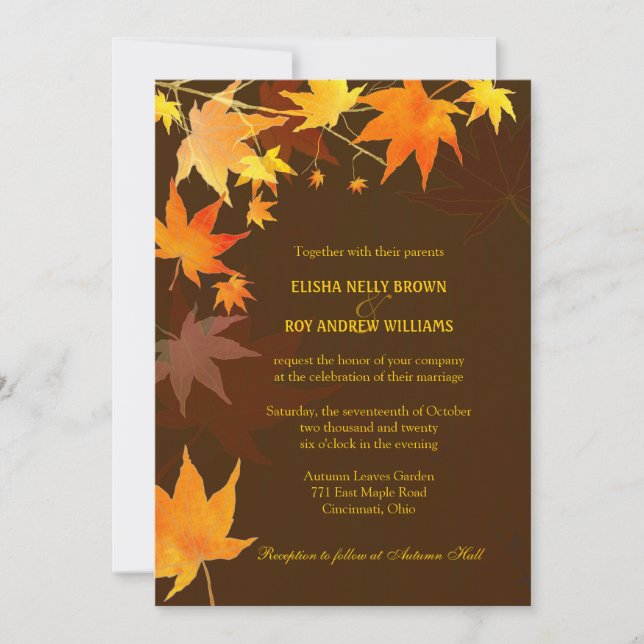 Posh Autumn Maple Leaves Brown Wedding Invitation (Front)