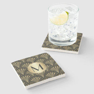 Posh Black and Gold Deco Fans Monogrammed Stone Coaster