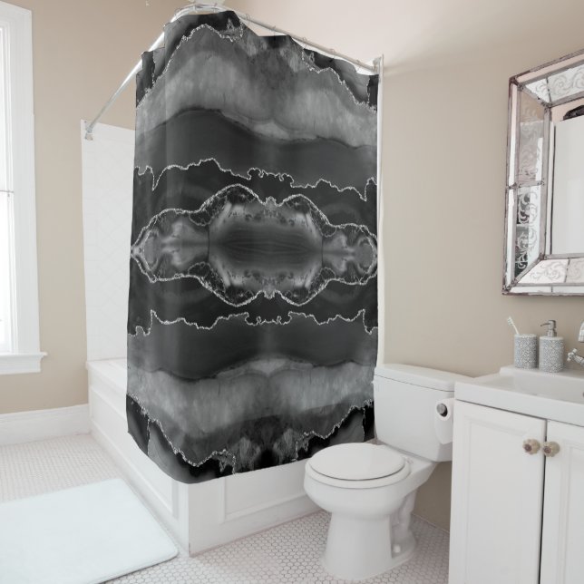 Posh Black Gray Agate Marble Crystal Geode Shower Curtain (In Situ)