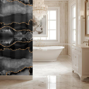 Posh Black Gray Gold Agate Marble Crystal Geode Shower Curtain