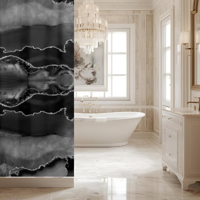 Posh Black Grey Agate Marble Crystal Geode Shower Curtain (Creator Uploaded)