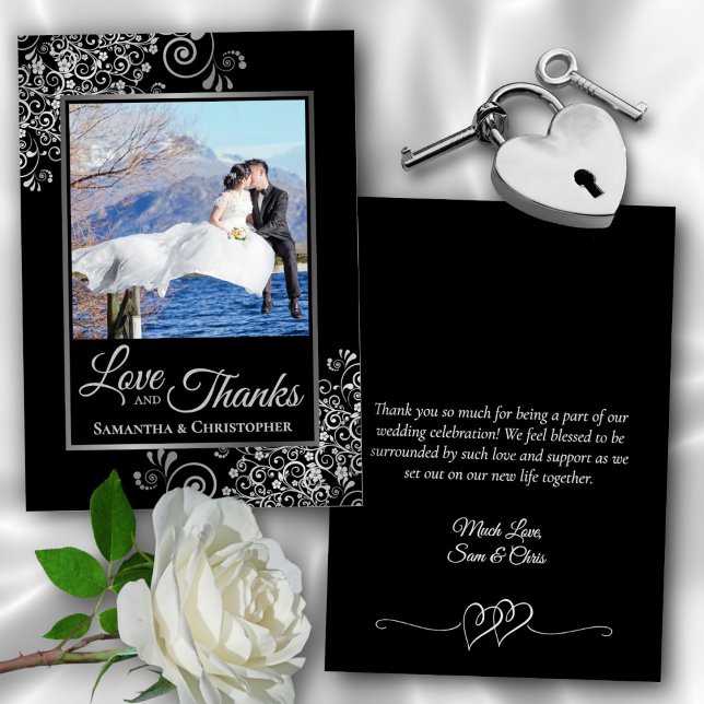 Posh Black with Silver Curls Photo & Note Wedding Thank You Card (Front/Back)