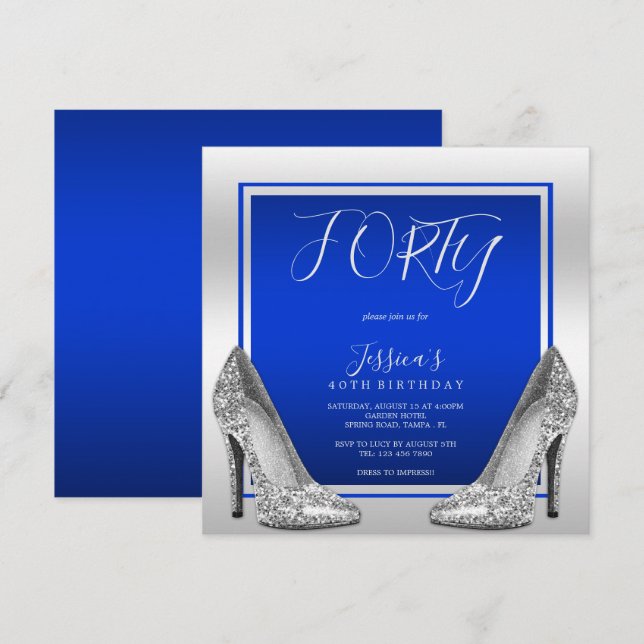 Posh Blue & Silver Stilettos 40th Birthday Invitation (Front/Back)
