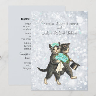 Posh Cats Aqua -Silver Sparkle Wedding Invitation