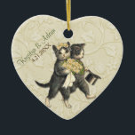 Posh Cats Wedding Ivory Ceramic Tree Decoration<br><div class="desc">Adorable Wedding Cats on ivory floral damask. Sweet bride cat holds an ivory white rose wedding bouquet and Groom cat struts beside her with his black top hat.</div>