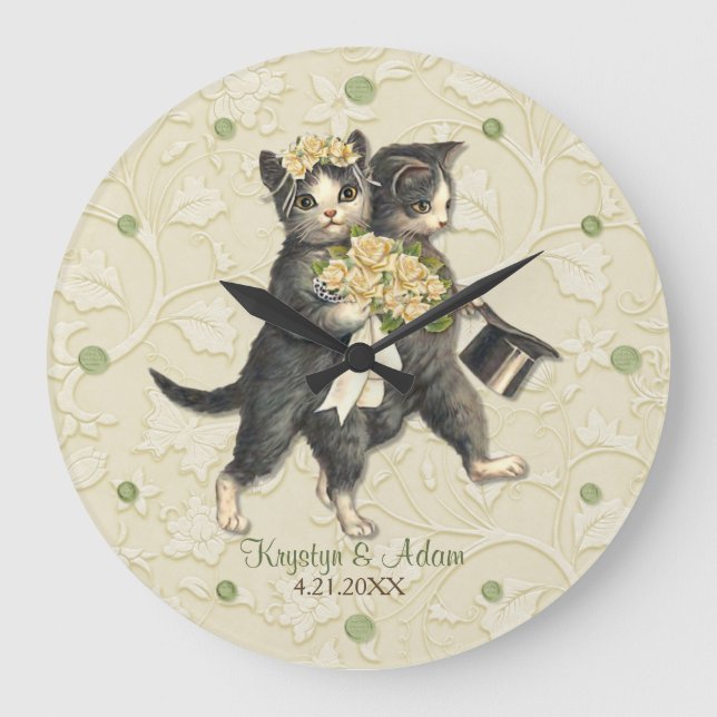 Posh Cats Wedding Ivory Large Clock (Front)