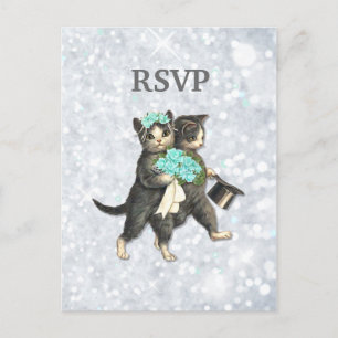 Posh Cats Wedding Silver Sparkle RSVP Invitation Postcard