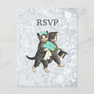 Posh Cats Wedding Silver Sparkle RSVP Invitation Postcard