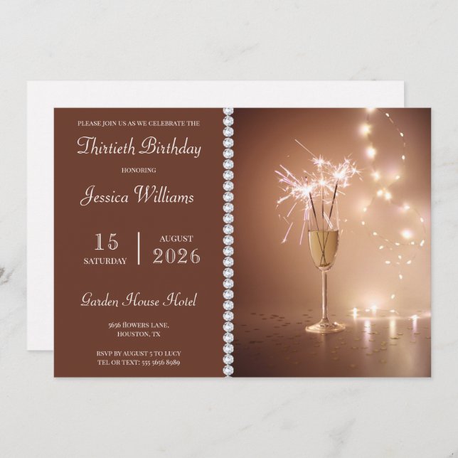 Posh Champagne, Sparkles & Lights Birthday Party Invitation (Front/Back)